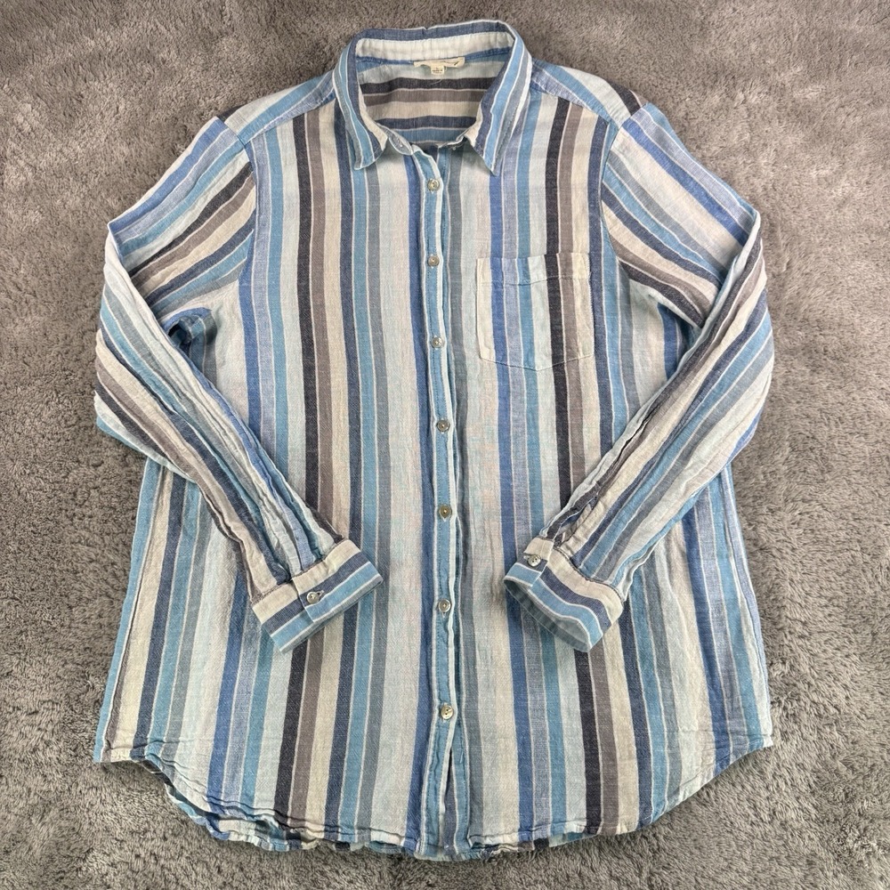 Jane + Delancey Womens Large Linen Blend Shirt Blue Stripe Button Up Casual Top